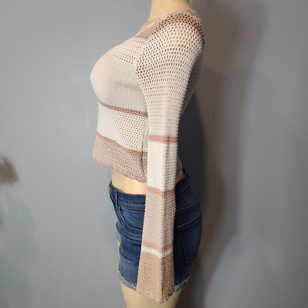 Crochet Flare Sleeve Sweater Y2K Sz M Granola Cottage Fairy Pink Ren Faire Boho - Picture 7 of 11